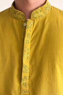 Yellow kurta with green embroidery on a white background
